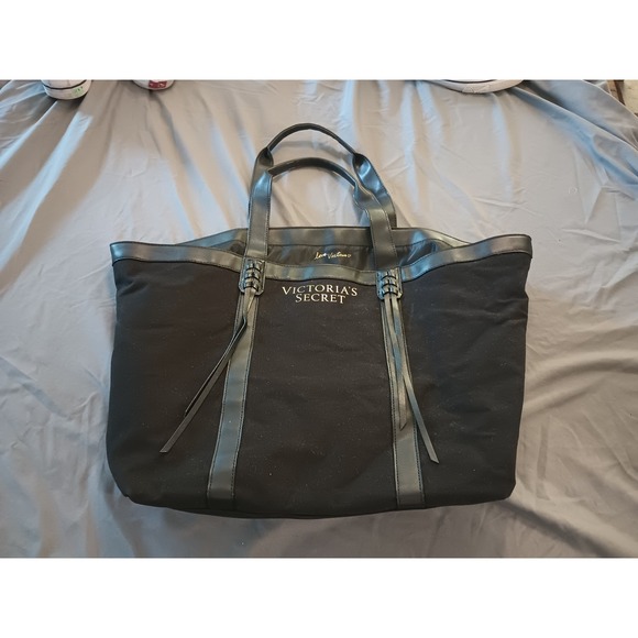 VICTORIA'S SECRET Tote Bag Black Canvas Braided handle detail - Picture 1 of 3